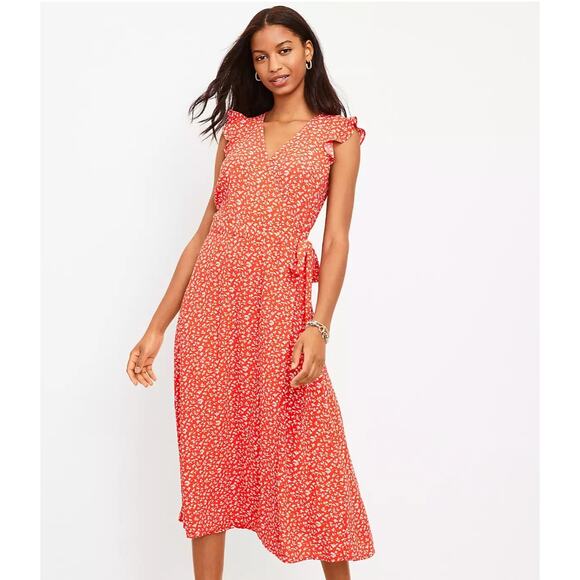 LOFT Floral Ruffle Sleeve Wrap Midi Dress // 8 - Picture 1 of 13